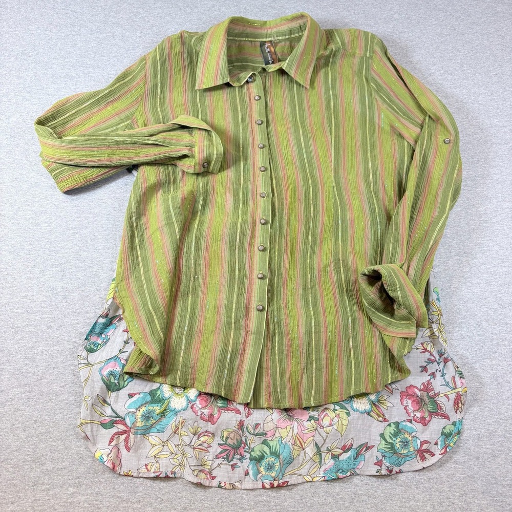 Aratta Silent Journey Button Down Shirt Womens L Green Striped Floral Boho